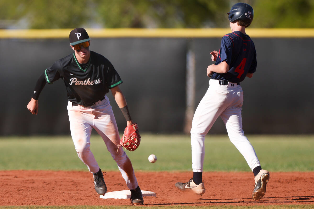 Palo Verde second baseman Ethan Clauss drops the ball after outing Coronado’s Jack Page ...