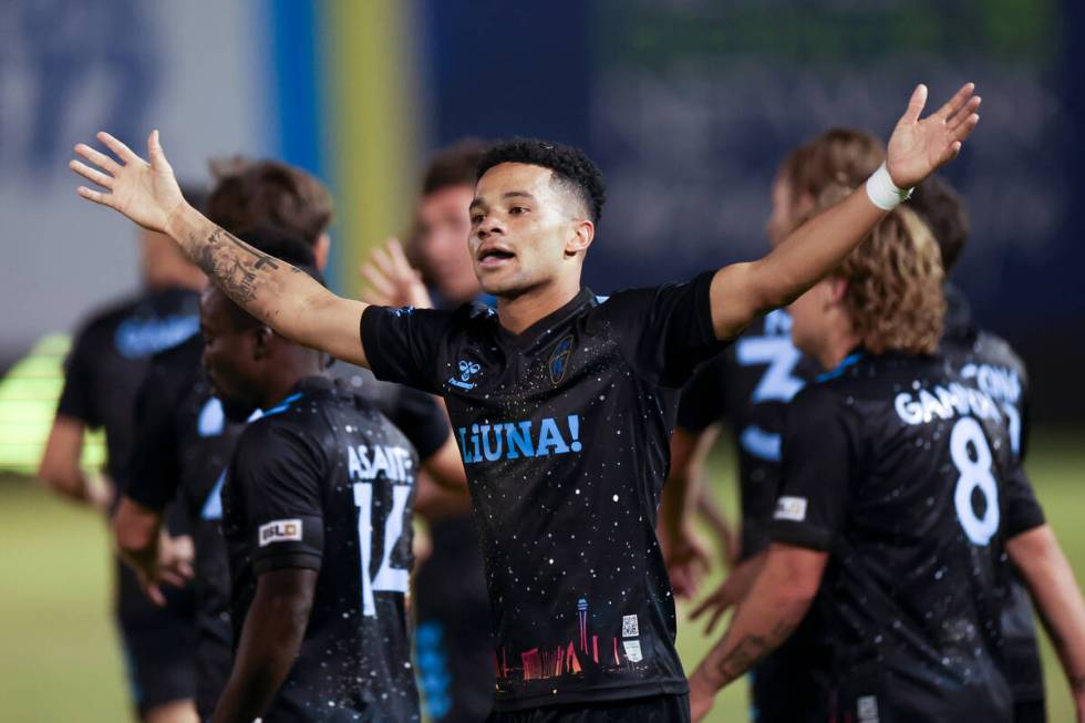 Las Vegas Lights FC defender Shawn Smart (20) celebrates after scoring a goal on Los Angeles FC ...