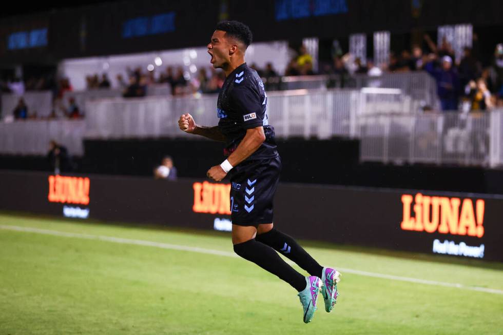 Las Vegas Lights FC defender Shawn Smart (20) celebrates after scoring a goal on Los Angeles FC ...