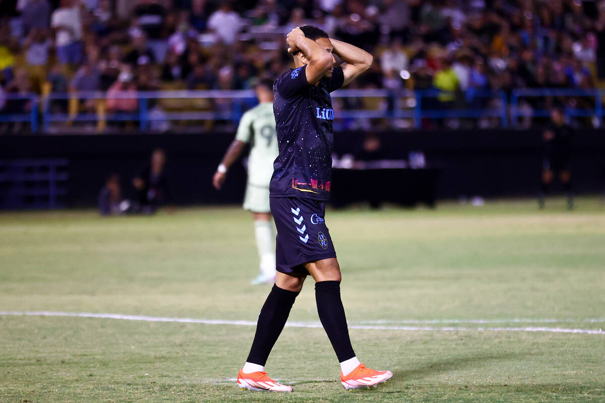 Las Vegas Lights FC forward Riki Alba (9) reacts after his teammate missed an attempted goal du ...