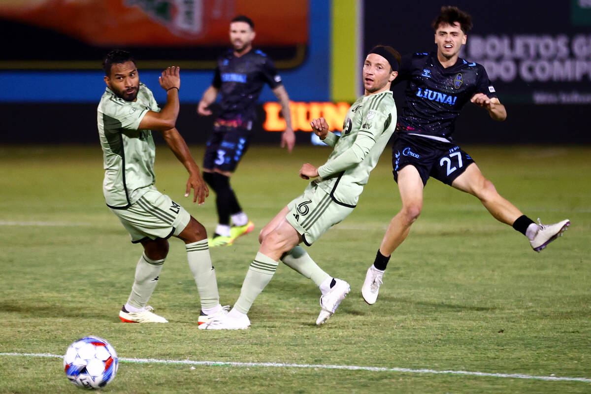 Las Vegas Lights FC midfielder Valentin Noël (27) watches the ball head toward the net alo ...