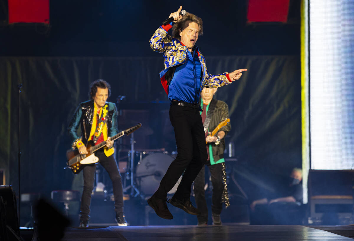 Mick Jagger of The Rolling Stones performs at Allegiant Stadium in Las Vegas on Saturday, Nov. ...