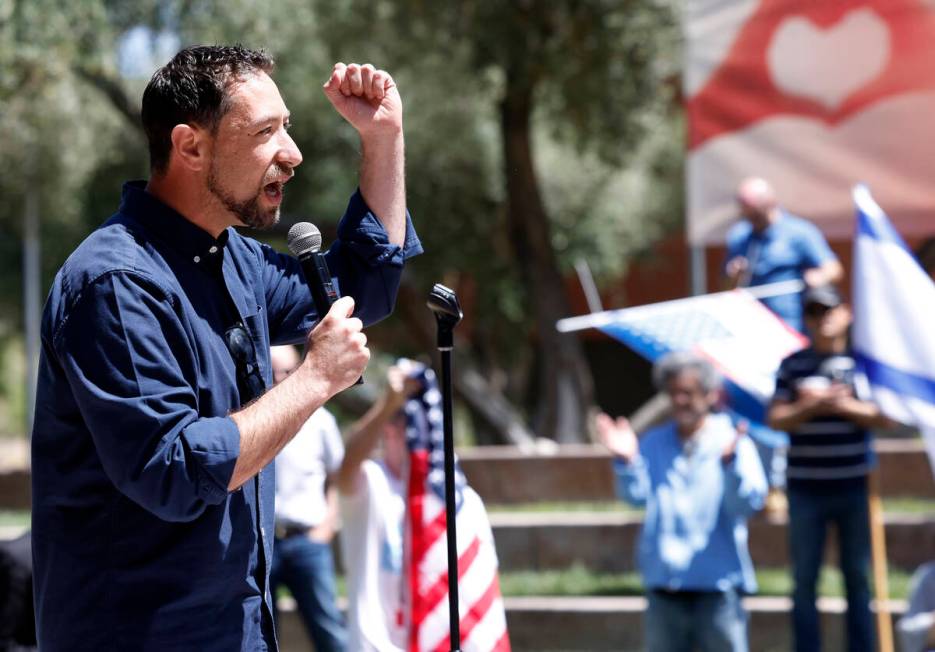 Commissioner Michael Naft speaks during a rally against antisemitism at UNLV, on Monday, May 6, ...