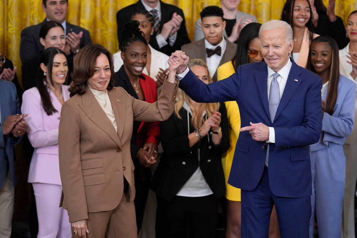 Vice President Kamala Harris, left, and President Joe Biden attend an event to celebrate the 20 ...