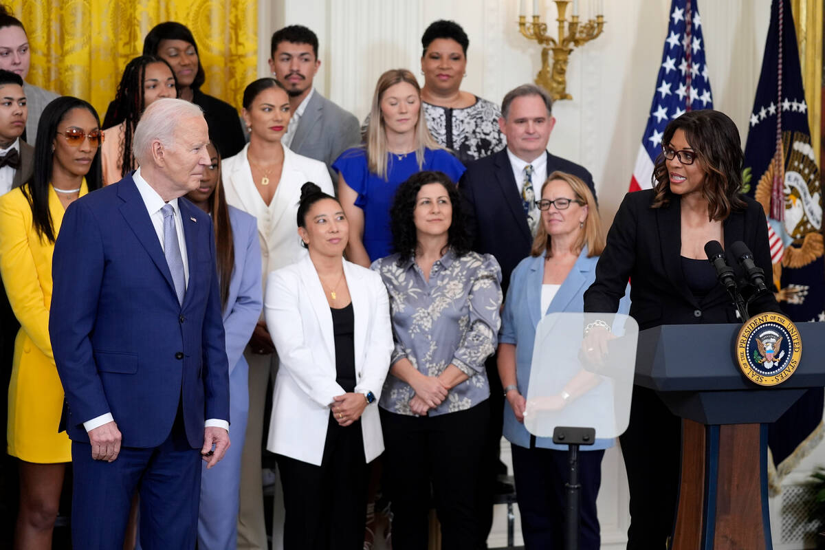 Nikki Fargas, president of the 2023 WNBA championship team the Las Vegas Aces, speaks as Presid ...