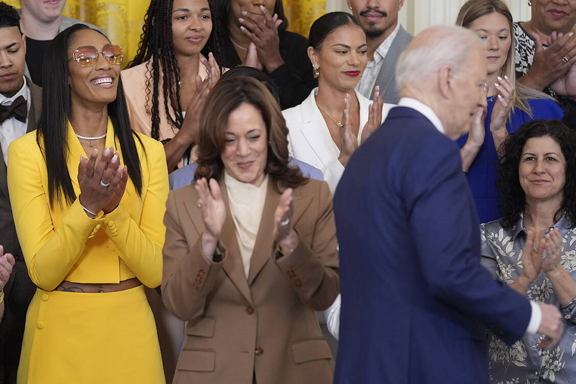 A'ja Wilson, from left, of the WNBA's Las Vegas Aces, claps as Vice President Kamala Harris and ...
