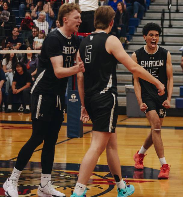 Shadow Ridge setter Kingston Jerome (12) gets pumped up during a Class 5A high school boys voll ...