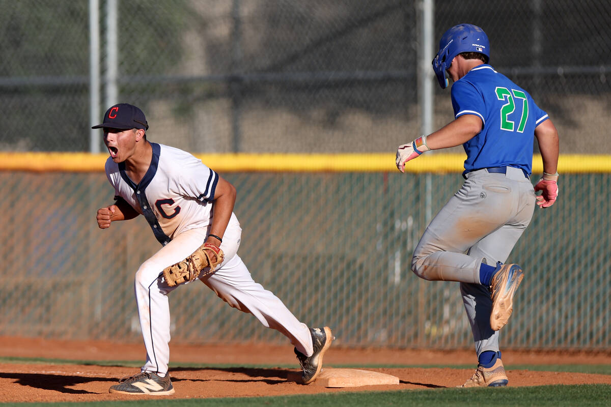 Coronado first baseman Jase Pashales (20) celebrates after getting an out on Green Valley&#x201 ...
