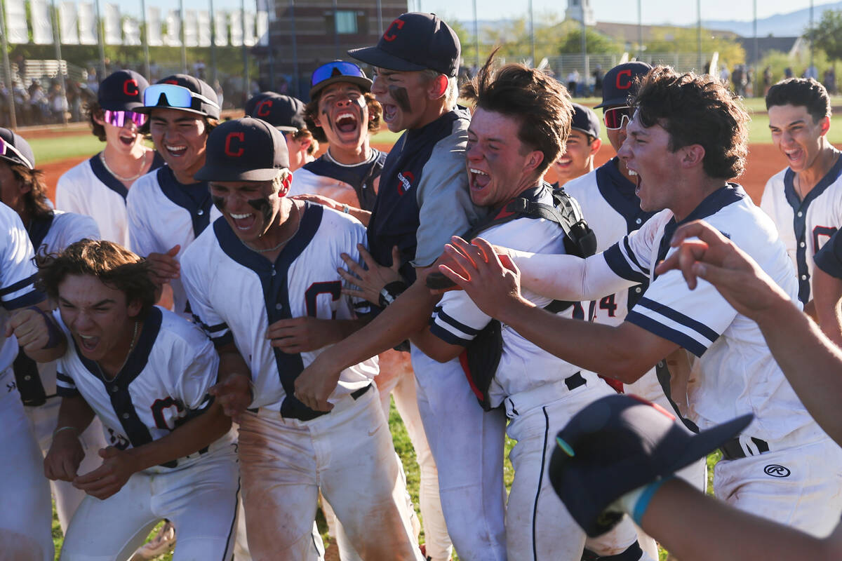 Coronado celebrates after winning a Class 5A high school baseball Southern Region playoff game ...