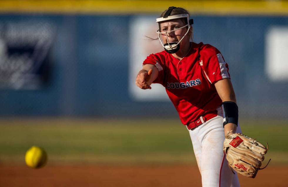 Coronado pitcher Kendall Selitzky sent a throw to the plate against a Shadow Ridge batter durin ...