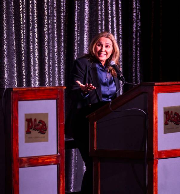 Councilwoman Victoria Seaman, right, candidate for Las Vegas mayor, speaks during a debate with ...