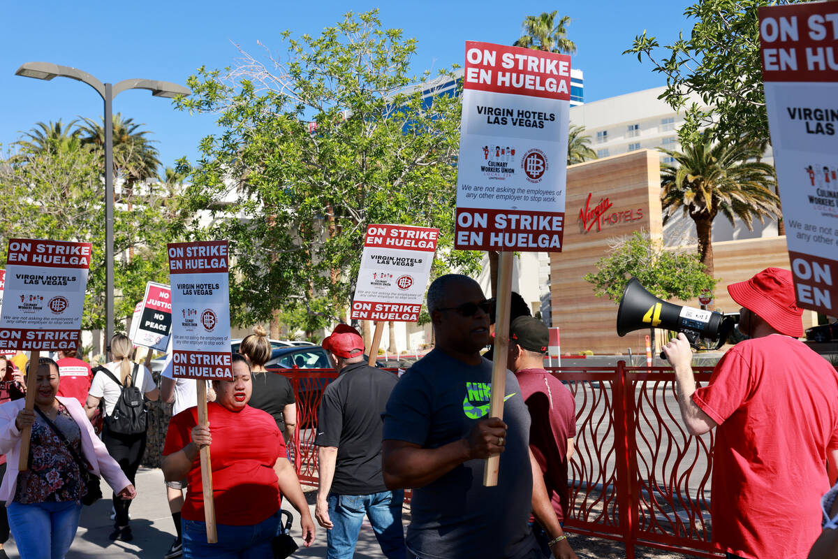 Culinary Local 226 members walk the picket lines during a 48 hour strike at Virgin Hotels in La ...
