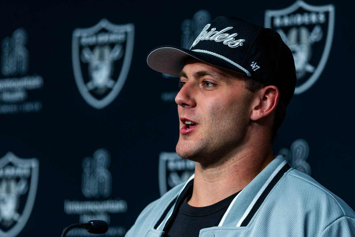 Raiders first round draft pick Brock Bowers speaks during a press conference at the Raiders Hea ...