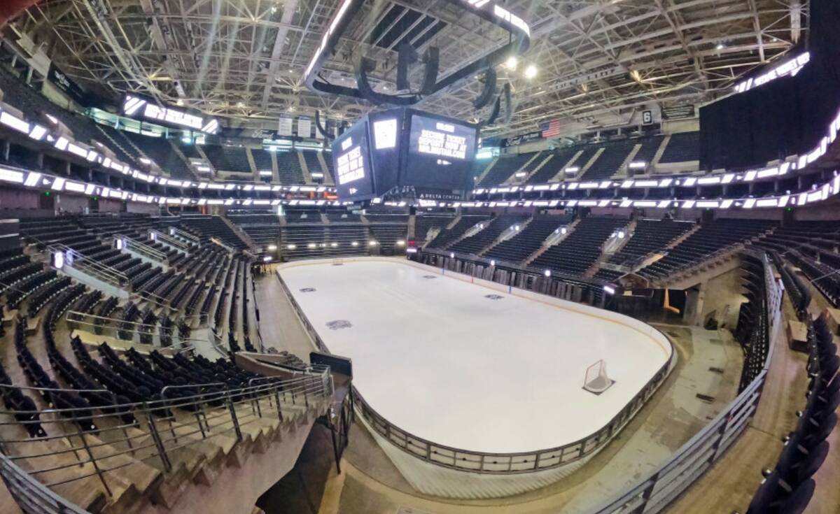 The hockey rink at the Delta Center is shown with the new NHL logos Friday, April 19, 2024, in ...