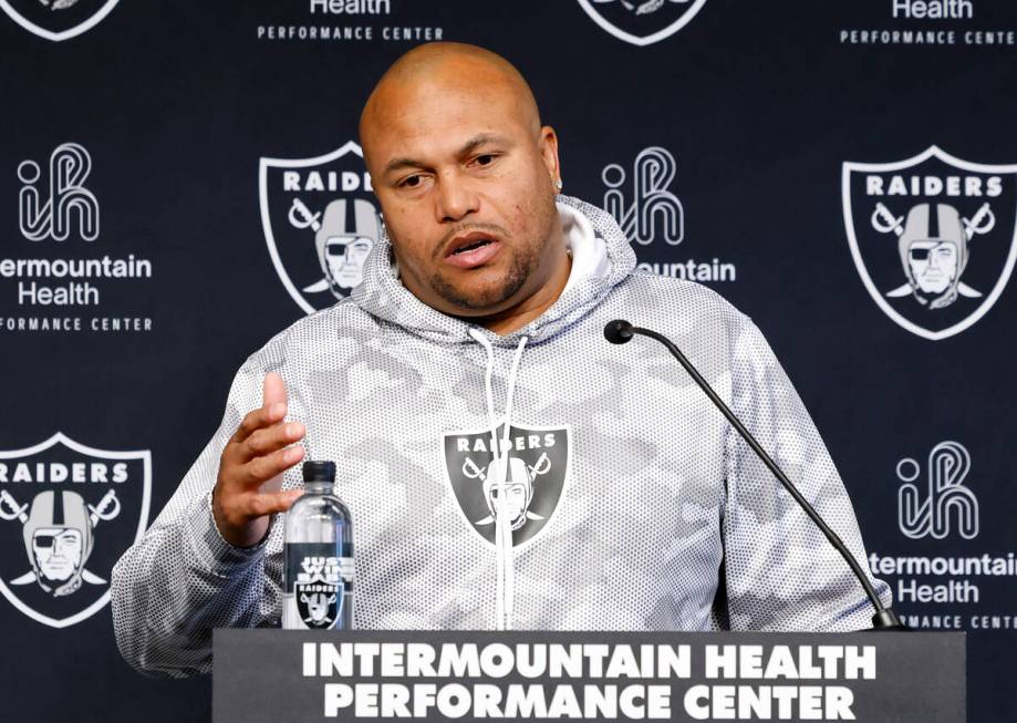 Raiders head coach Antonio Pierce speaks during a news conference before Raiders rookies' pract ...