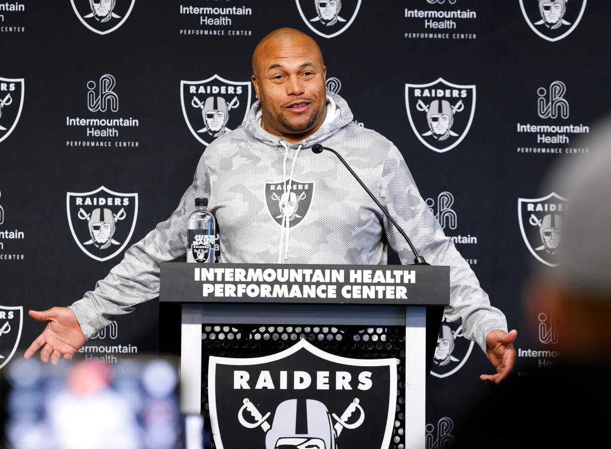 Raiders head coach Antonio Pierce speaks during a news conference before Raiders rookies' pract ...