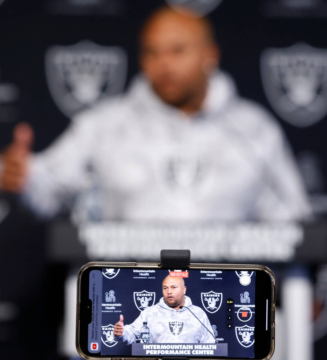 Raiders head coach Antonio Pierce speaks during a news conference before Raiders rookies' pract ...