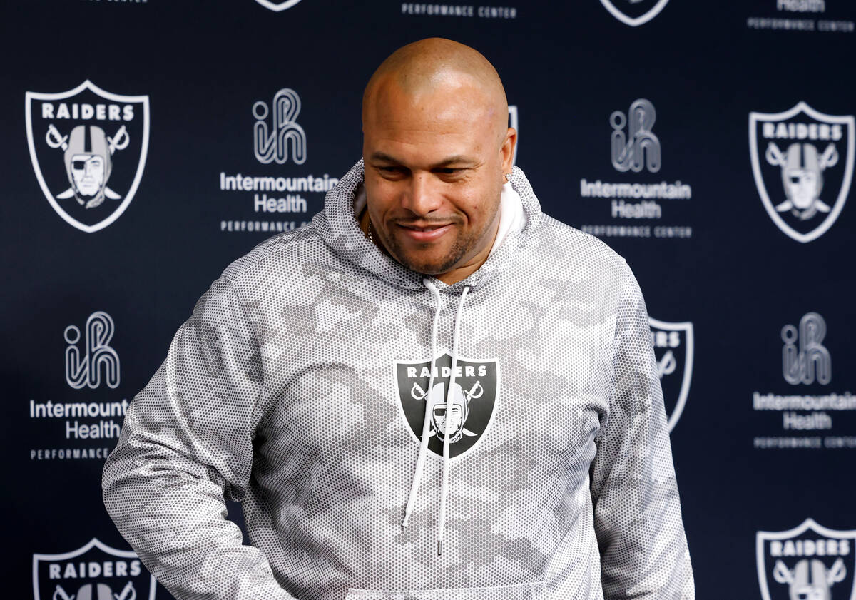 Raiders head coach Antonio Pierce leaves the podium after speaking at a news conference before ...