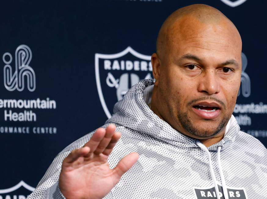 Raiders head coach Antonio Pierce speaks during a news conference before Raiders rookies' pract ...