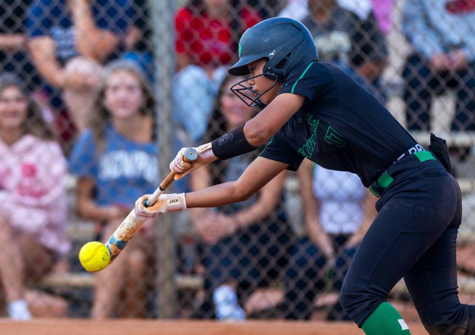 Palo Verde batter Makayla Enriquez (17) connects on a Coronado pitch during the sixth inning o ...