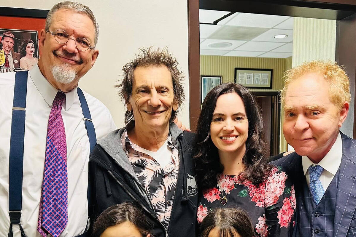 Penn Jillette, Ronnie Wood, Sally Humphreys Wood and Teller are shown backstage at the Penn & T ...