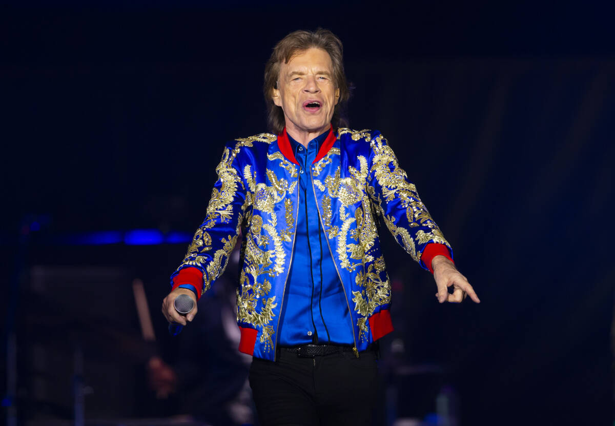 Mick Jagger of The Rolling Stones performs at Allegiant Stadium in Las Vegas on Saturday, Nov. ...