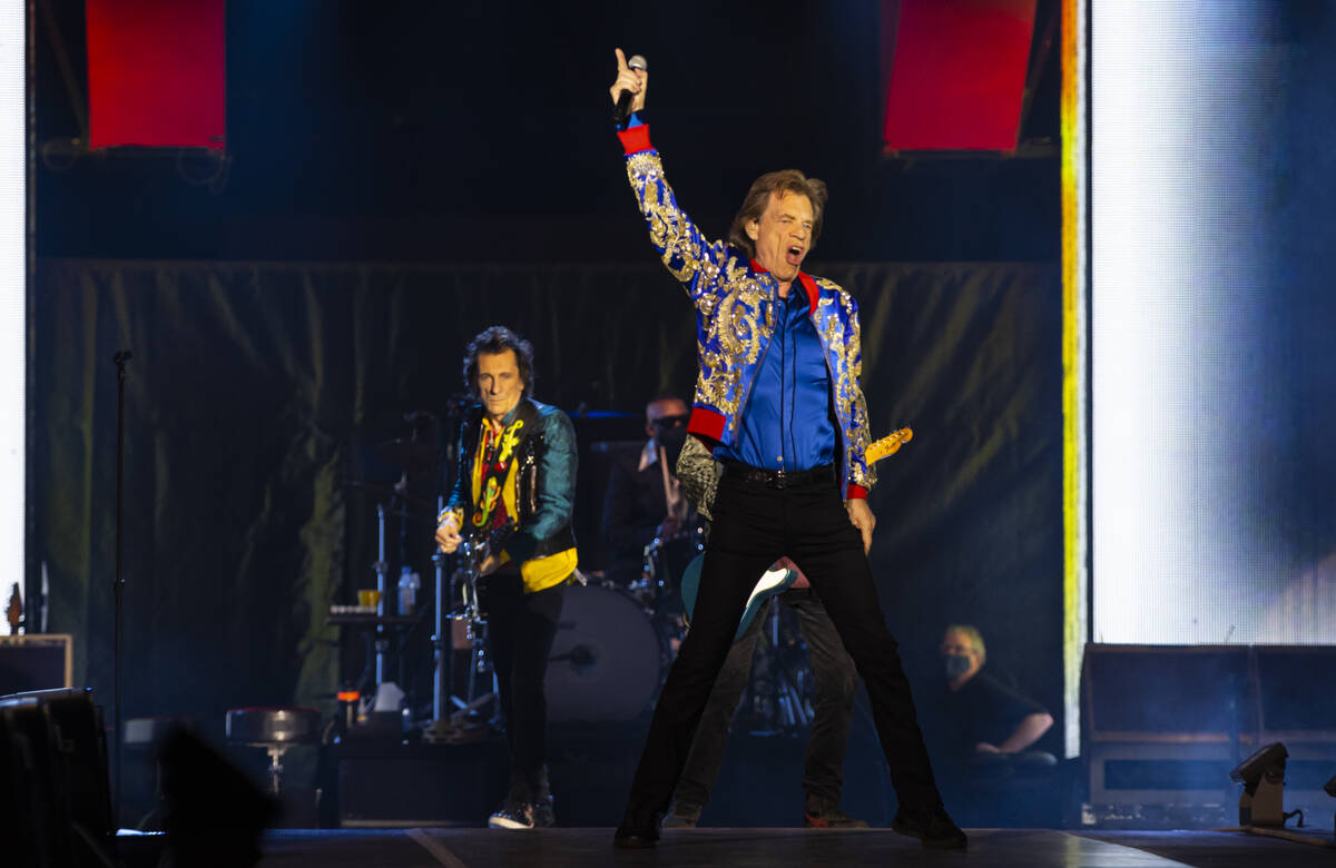 Mick Jagger of The Rolling Stones performs at Allegiant Stadium in Las Vegas on Saturday, Nov. ...