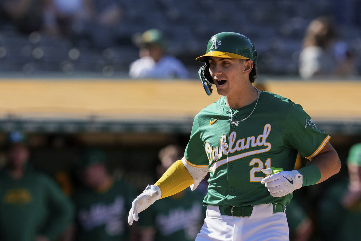 Oakland Athletics' Tyler Soderstrom celebrates after hitting a two-run home run against the Tex ...