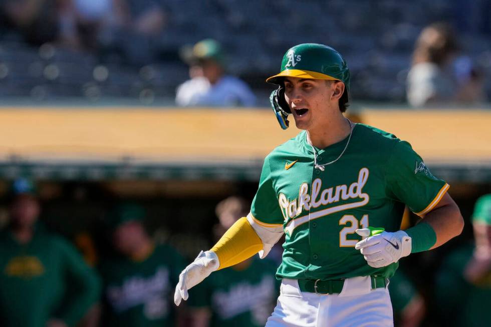 Oakland Athletics' Tyler Soderstrom celebrates after hitting a two-run home run against the Tex ...