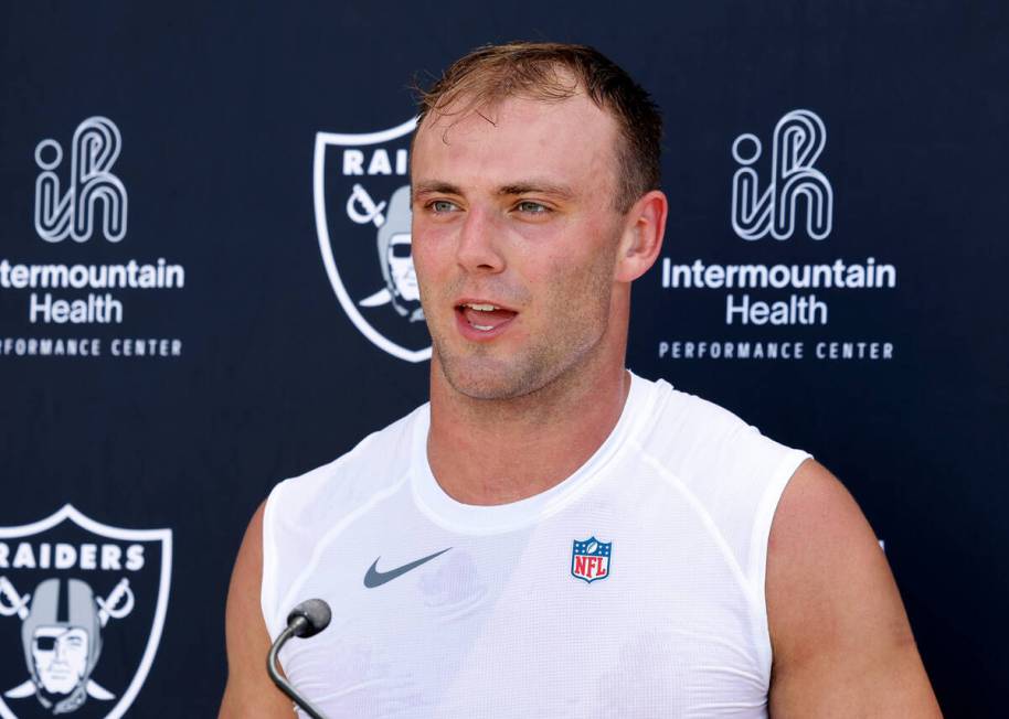 Raiders rookie tight end Brock Bowers addresses the media after rookies first day of practice a ...