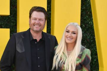 Blake Shelton, left, and Gwen Stefani arrive at the premiere of "The Fall Guy" on Tuesday, Apri ...