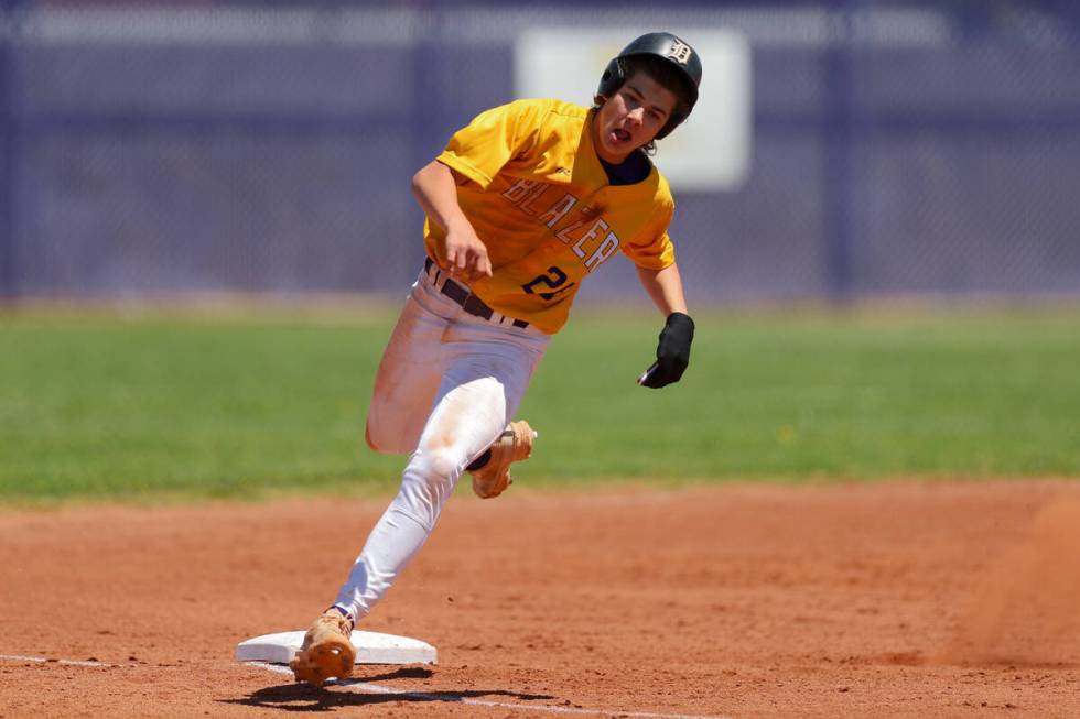 Durango infielder Aiden Farrell (25) rounds third base before scoring during a Class 4A high sc ...