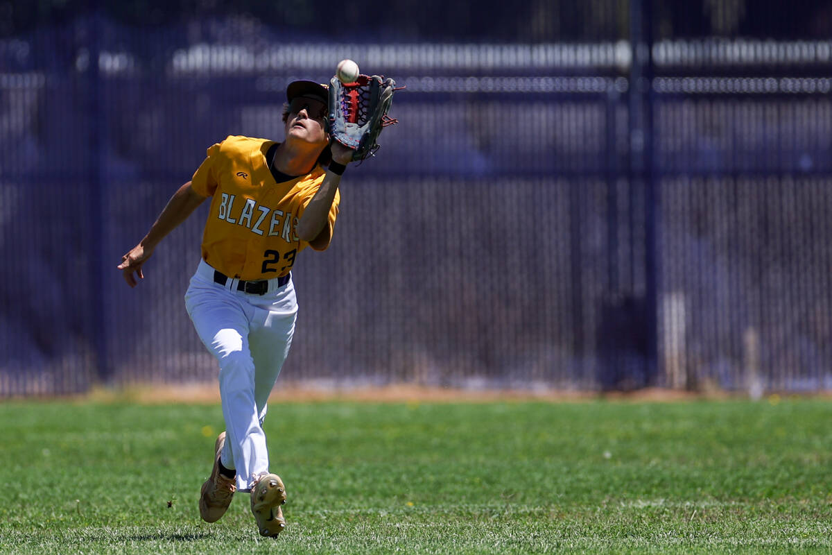 Durango center fielder Carson Crosby (23) catches for an out on Sierra Vista during a Class 4A ...