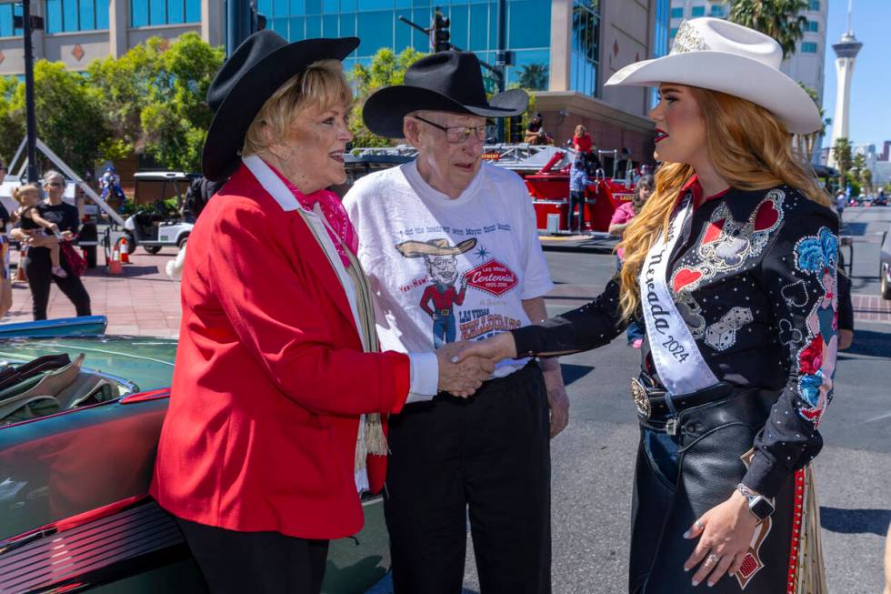 Mayor Carolyn Goodman and husband Oscar greet Miss Rodeo Nevada 2024 Annemarie Vogedes during t ...