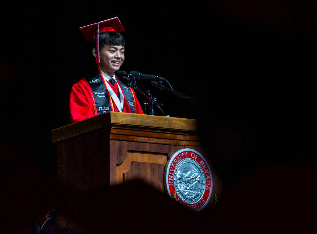 Student speaker Jerwin Aizaak Tiu addresses fellow classmates during UNLV spring graduation com ...