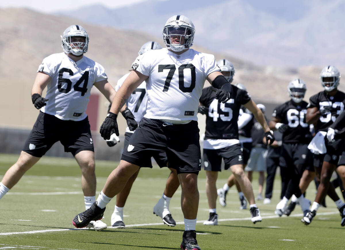 Raiders rookie guard Jackson Powers-Johnson (70) warms up during rookies first day of practice ...