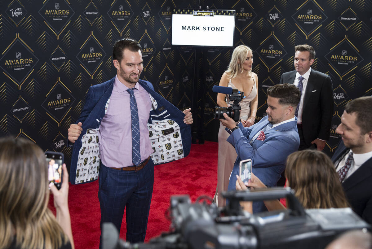 Golden Knights Mark Stone, top/left, who is a finalist for the Selke Trophy for best defensive ...