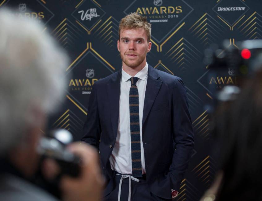 Edmonton Oilers center Connor McDavid walks the red carpet before the start of the NHL Awards o ...