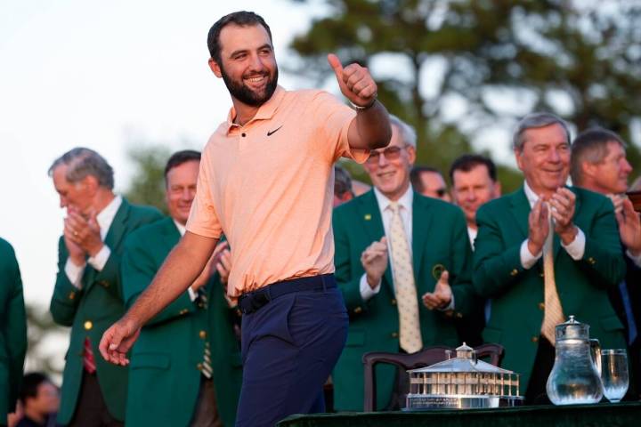 Scottie Scheffler arrives for the green jacket ceremony after winning the Masters golf tourname ...