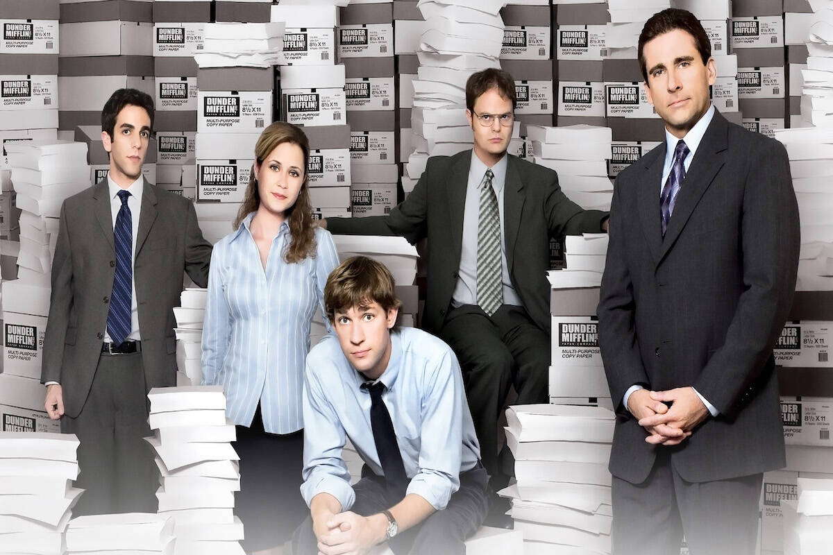 B.J. Novak, Jenna Fischer, John Krasinski, Rainn Wilson and Steve Carell in the original mockum ...