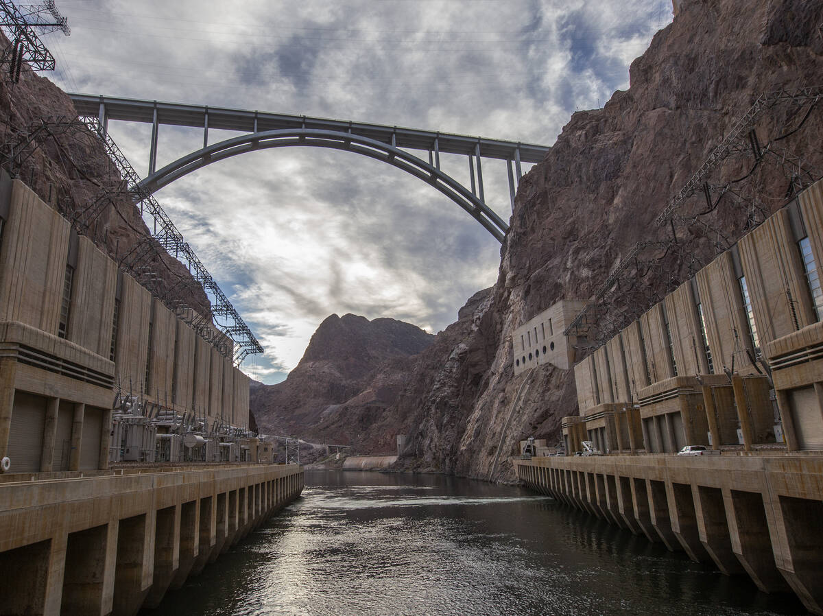 The base of Hoover Dam is seen during a tour on Dec. 13, 2019. (Ellen Schmidt/Las Vegas Review- ...