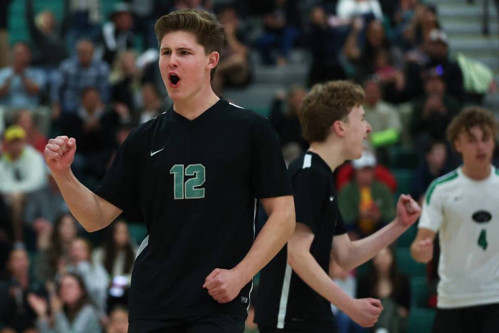 Palo Verde setter Preston Mendenhall (12) celebrates a point during a boys high school volleyba ...