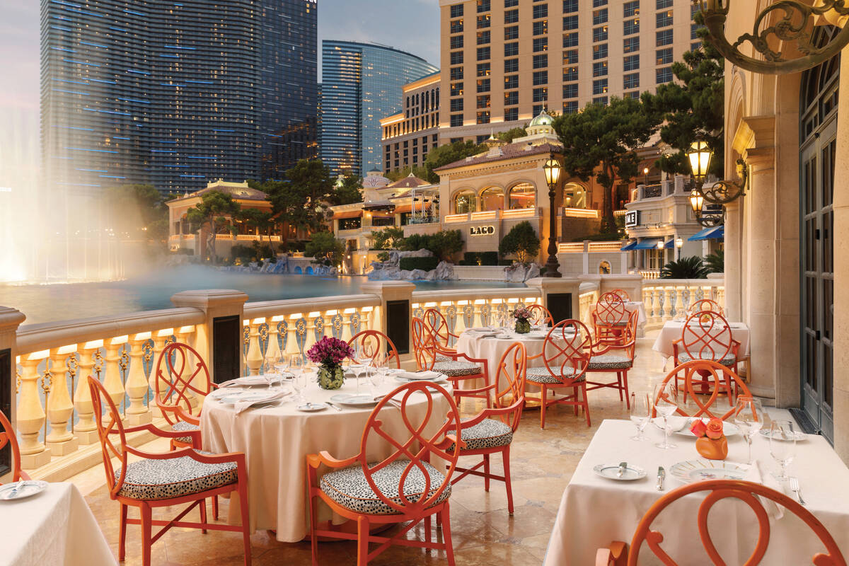 The terrace at Picasso at Bellagio on the Las Vegas Strip overlooks the Fountains of Bellagio. ...