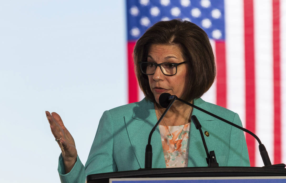 Sen. Jacky Rosen, D-Nev., speaks at the groundbreaking for a high-speed passenger rail on Monda ...