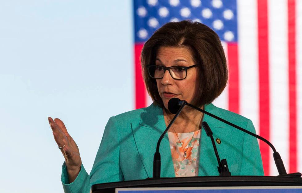 Sen. Jacky Rosen, D-Nev., speaks at the groundbreaking for a high-speed passenger rail on Monda ...