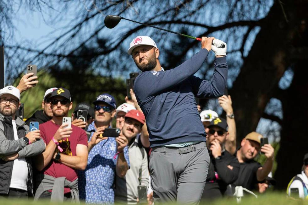 Captain Jon Rahm of Legion XIII hits his shot on the 18th hole during the second round of LIV G ...