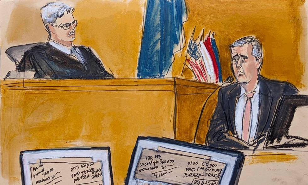 Michael Cohen, left, testifies on the witness stand in Manhattan criminal court about the calcu ...