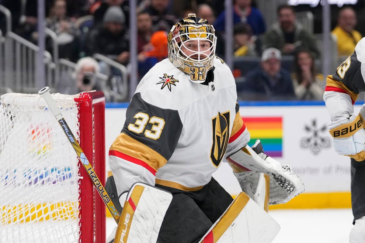 Vegas Golden Knights goaltender Adin Hill (33) protects the net during the second period of an ...