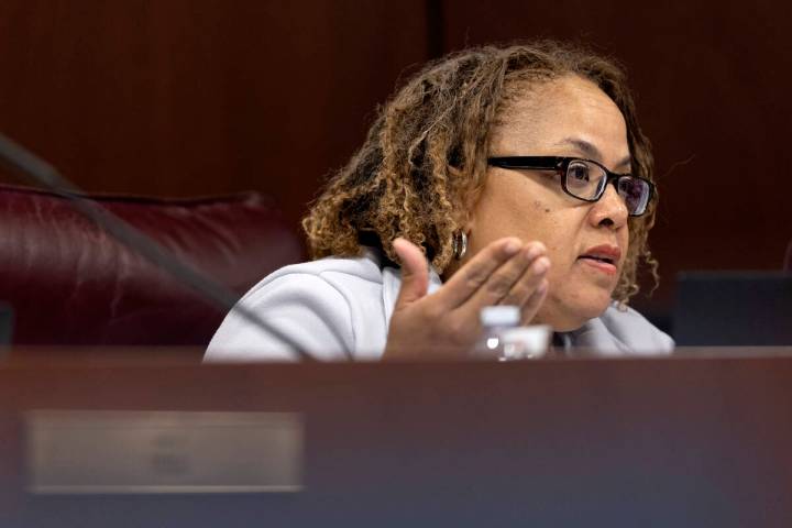 Sen. Dina Neal, D-North Las Vegas, asks questions to presenters in a meeting of the Senate Comm ...