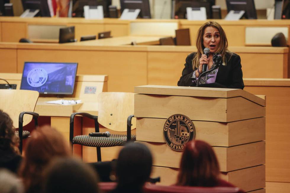 Ward 2 City Councilwoman Victoria Seaman speaks to a crowd during an event about human traffick ...